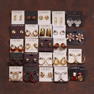 J13红褐色金属圈圈RLL欧美花朵珐琅釉法式新年女夸张耳环夹钉饰