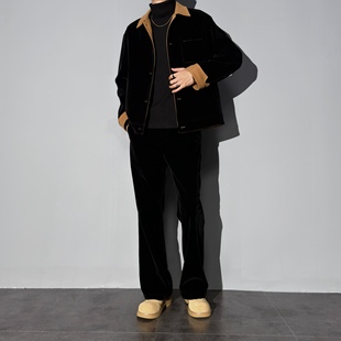 莱德的搭配 丝绒翻领撞色加棉休闲套装男士冬季痞帅轻熟两件套