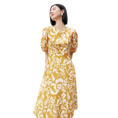 歌蒂诗夏季专柜新款时尚气质印花含桑蚕丝泡泡袖连衣裙 8E24L1173