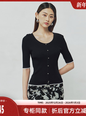 歌蒂诗2025夏专柜新款简约小蛮腰显瘦低圆领短袖毛织衫 1F21Z1526