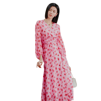 【100%桑蚕丝】歌蒂诗春季专柜新款气质碎花收腰连衣裙 8E31L3385