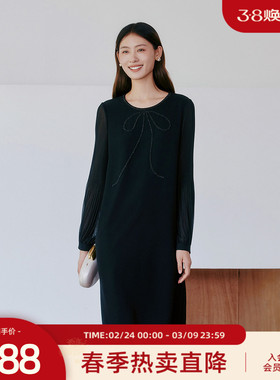 歌蒂诗2025春季专柜新款简约知性蝴蝶结舒适醋纤连衣裙 1F11L1212