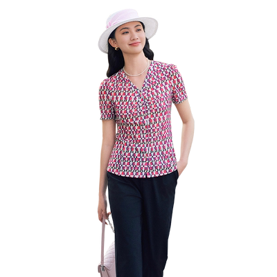 歌蒂诗夏季专柜新款休闲百搭经典玫粉格纹V领衬衫女1E22A1093