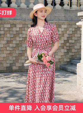 【桑蚕丝】歌蒂诗夏季专柜款高级红色印花气质V领连衣裙1E24L3084