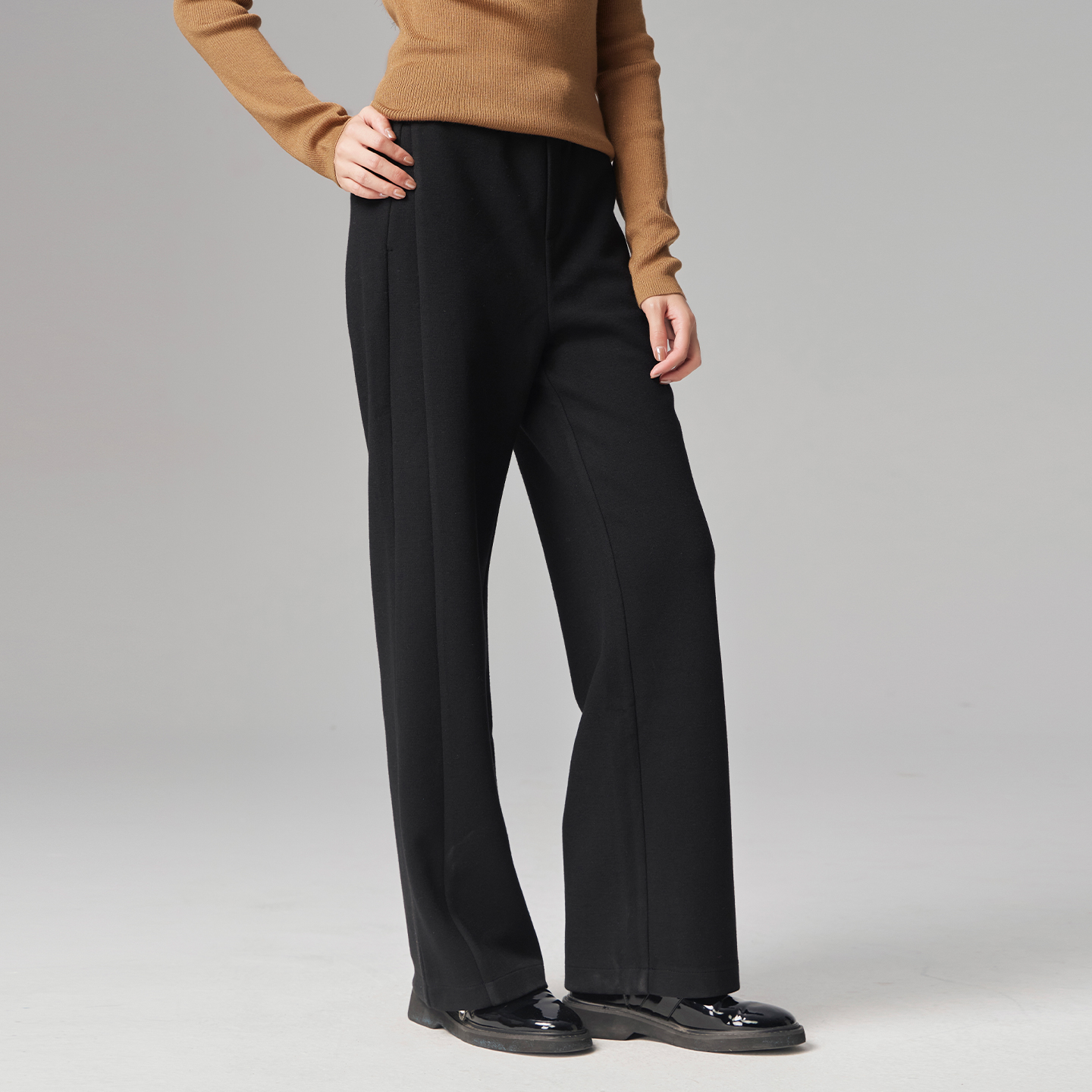 歌蒂诗绵羊毛休闲长裤直筒裤冬季专柜新款时尚黑色裤子1E46K3988