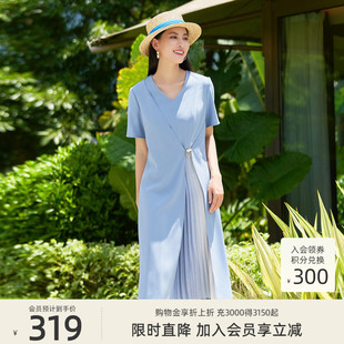 歌蒂诗夏季 拼接撞色百褶小众设计v领显瘦连衣裙1D14L1026 时尚