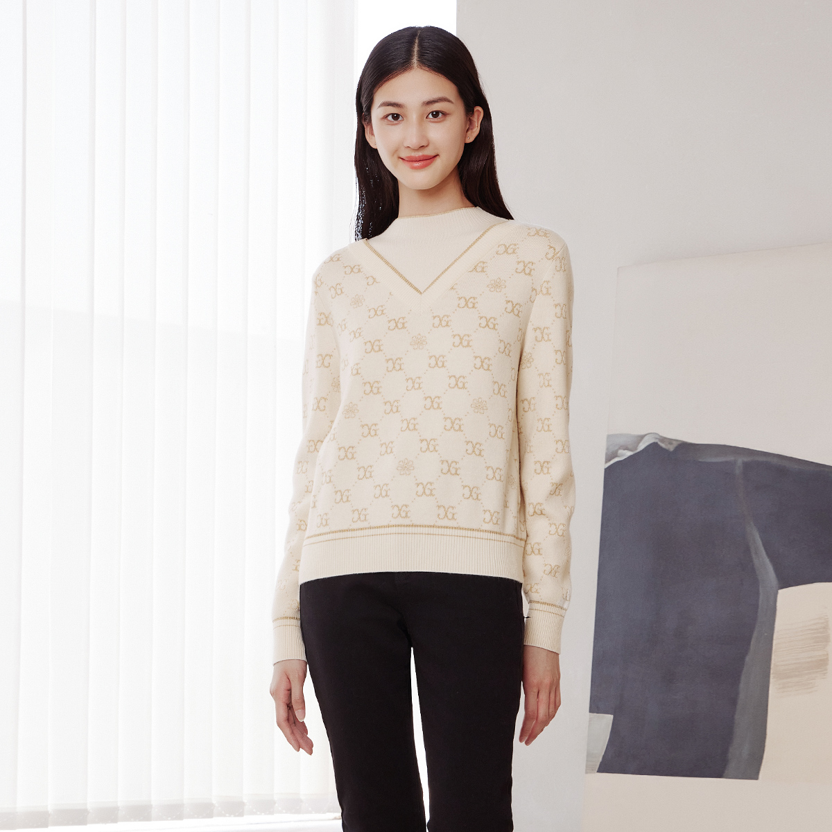 歌蒂诗套头假两件长袖针织衫