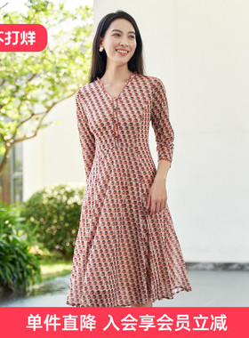 歌蒂诗春季专柜新款优雅气质时尚复古印花v领连衣裙1D11L1223