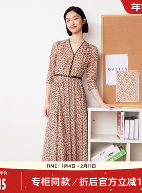 歌蒂诗秋季专柜新款简约知性气质V领腰带收腰连衣裙8D31L3183