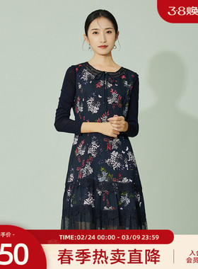 歌蒂诗春季专柜新款时尚印花网纱蕾丝收腰显瘦a字连衣裙3B36L2179