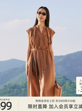 歌蒂诗夏季专柜新款简约知性腰带收腰小V领连衣裙女8F24L3603