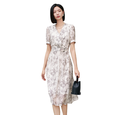 【100%桑蚕丝】歌蒂诗夏专柜新款优雅中式印花V领连衣裙8E22L1888