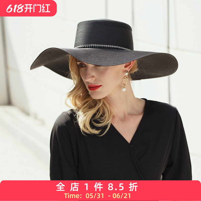 EE 夏季新款帽子女时尚百搭休闲优雅黑色大檐防紫外线草帽