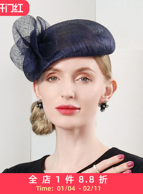 EE 春夏新款 花卉麻纱宴会礼帽 优雅复古贝雷帽女