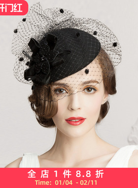 EE优雅名媛帽子女英伦网纱羊毛小礼帽时尚女士黑色法式旗袍礼帽冬