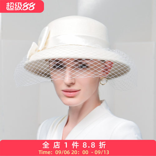 EE优雅女士秋冬短檐蝴蝶结礼帽