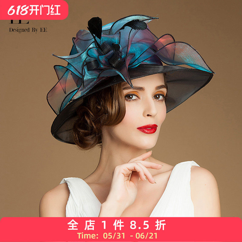 EE春夏帽子女款时尚英伦欧根纱花朵女帽大沿防晒百搭休闲度假礼帽