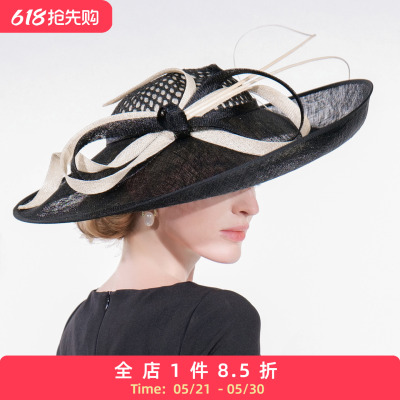 EE 新款英式时尚宴会名媛欧美百搭麻纱蝴蝶结大檐礼帽2328