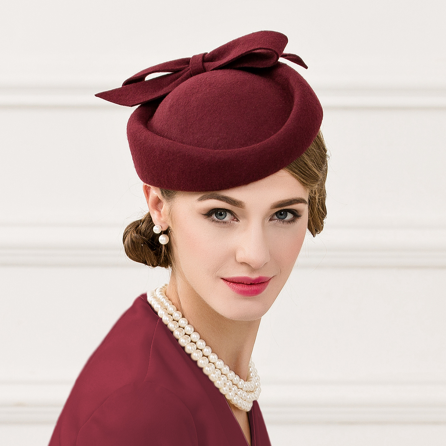 EE 秋季新款英伦帽子女 羊毛复古酒红色英式宴会小礼帽