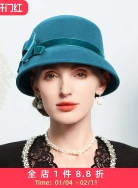 EE 秋冬新款优雅蝴蝶结羊毛呢盆帽英伦复古宴会装饰礼帽