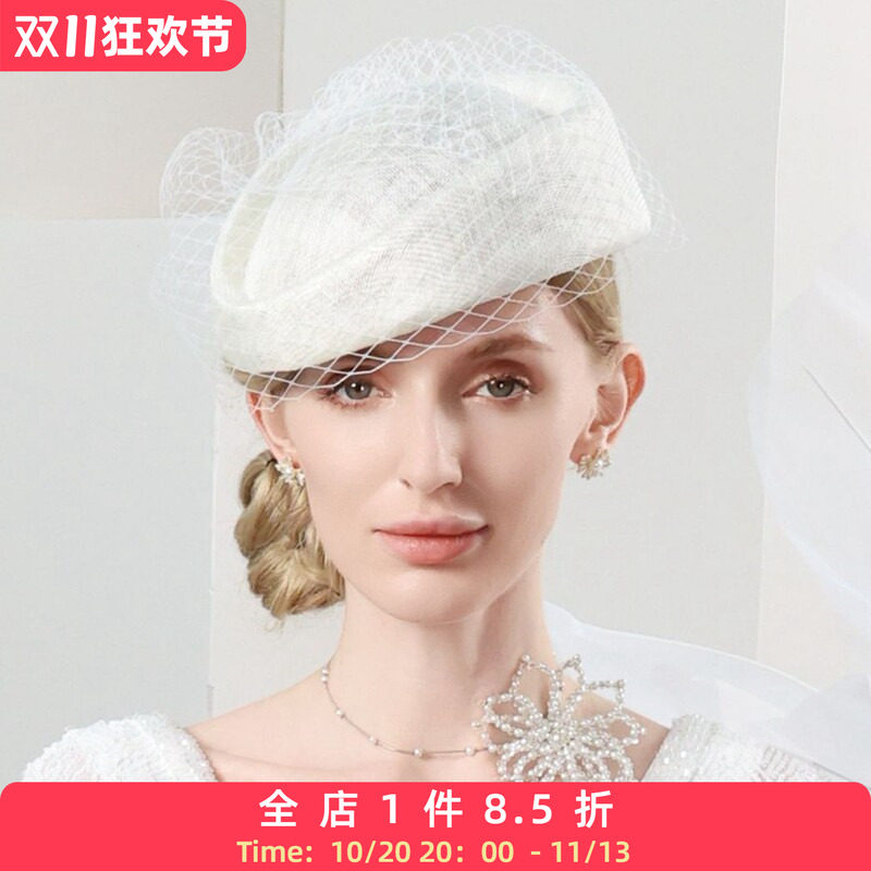 EE 夏季新款麻纱手工编织网纱装饰贝雷帽洋气女帽晚宴礼帽