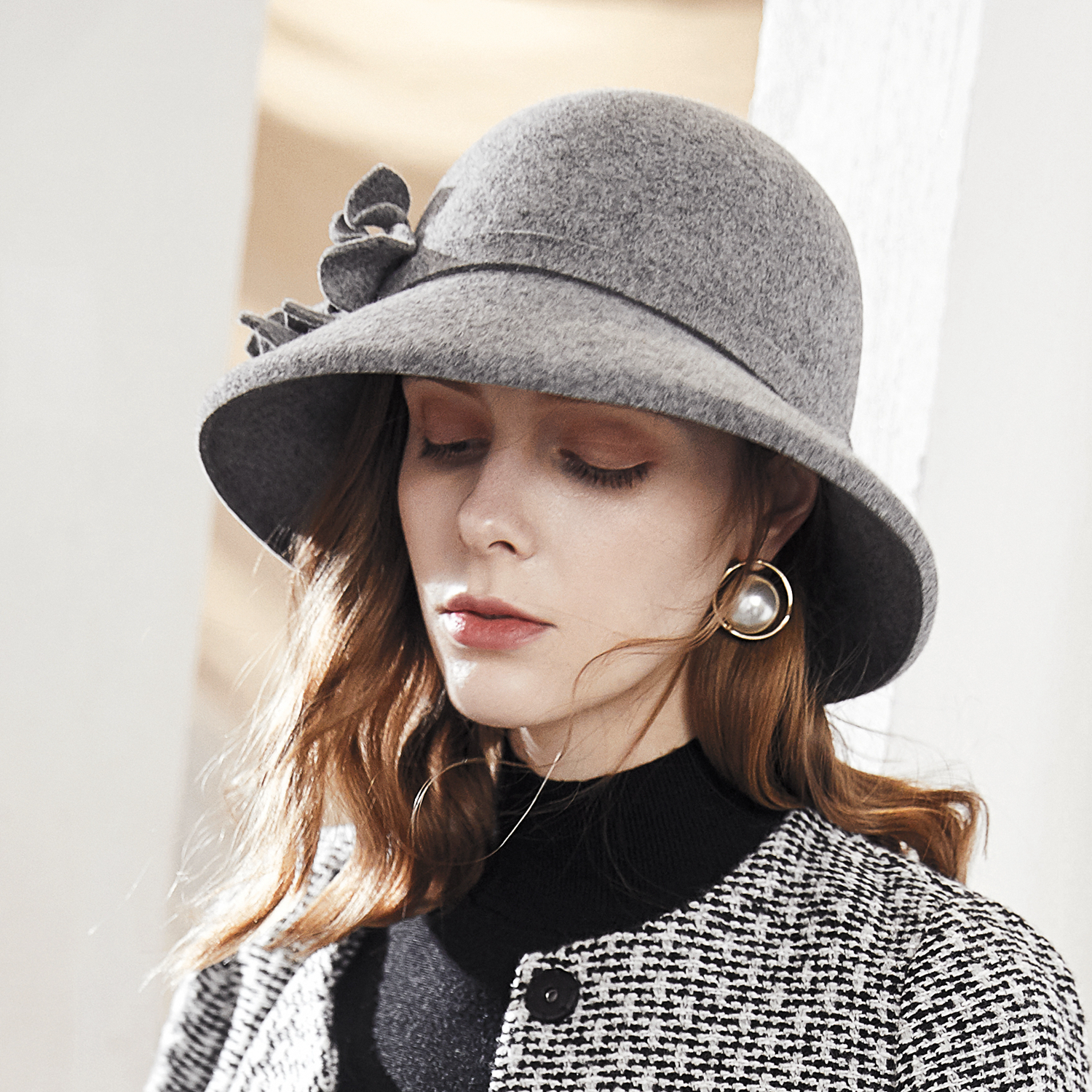 羊毛】秋圆顶百搭款帽子女毛呢帽