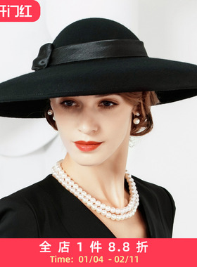 EE 秋冬新款英伦百搭羊毛呢礼帽冬季复古大檐街头潮人韩版帽子女