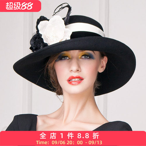 优雅风出游礼帽黑色毛呢花朵大檐