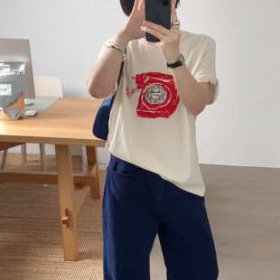 减龄撞色卡通棉质圆领宽松显瘦百搭短袖 时尚 韩代26ss T恤 小喵