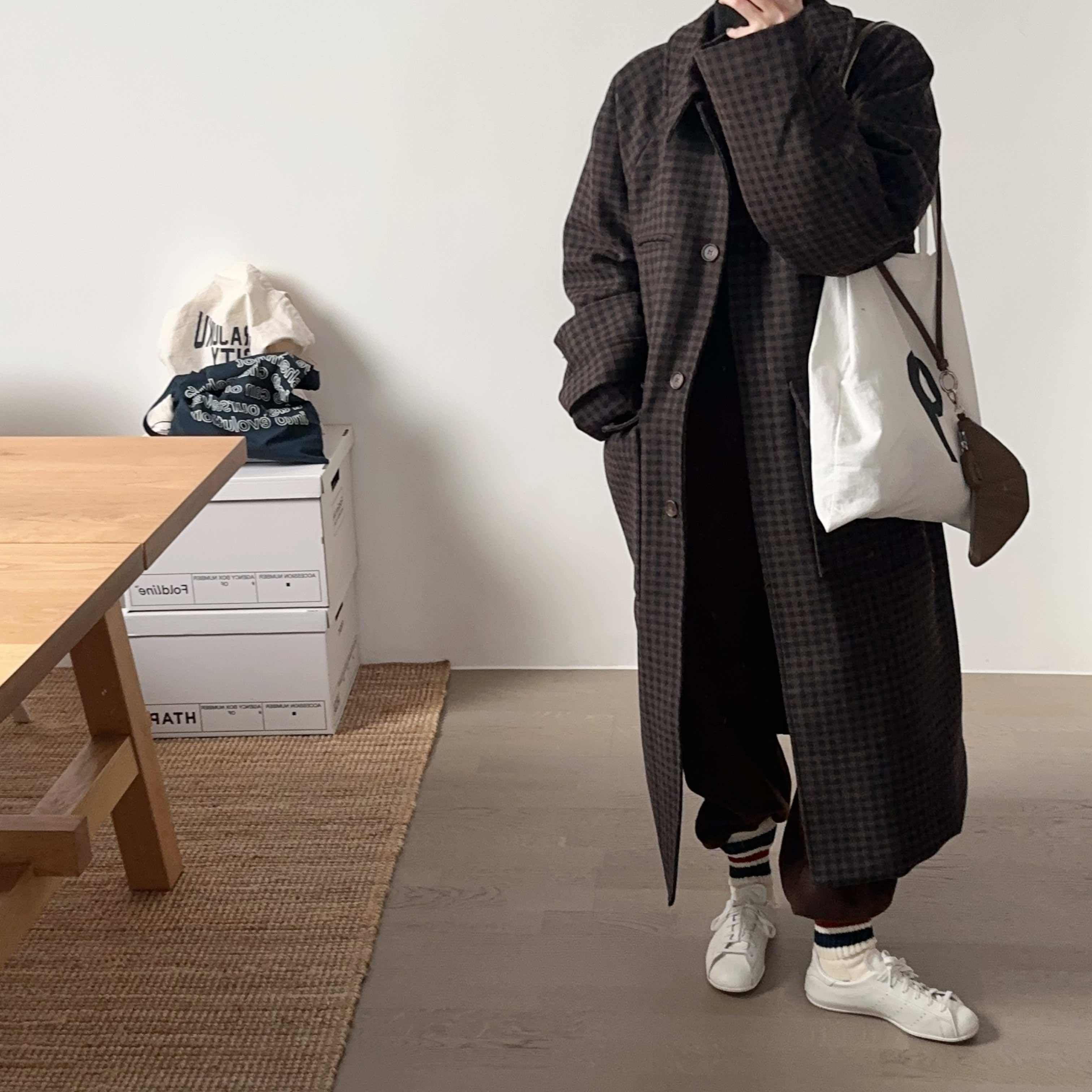 【小喵】韩代25fw 时髦复古咖色格子polo领宽松显瘦百搭夹棉大衣,女装/女士精品,毛呢外套,淘宝优惠券,粉丝福利购,淘宝优惠卷