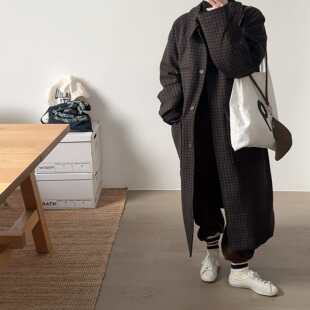 【小喵】韩代25fw 时髦复古咖色格子polo领宽松显瘦百搭夹棉大衣