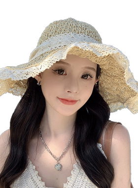 草帽蝴蝶结出游度假沙滩海边