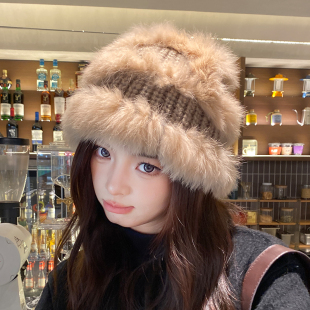 帽包脸兔毛针织帽女秋冬保暖毛帽防寒毛绒绒包头显脸小皮草渔夫帽