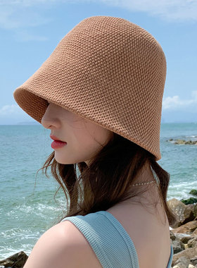 帽子女春夏季韩版潮日系透气显脸小钟型渔夫帽针织盆帽黑色水桶帽