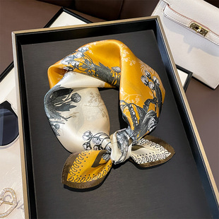 春秋季新款黄白印花真丝丝巾女杭州丝绸100%桑蚕丝小方巾百搭围巾