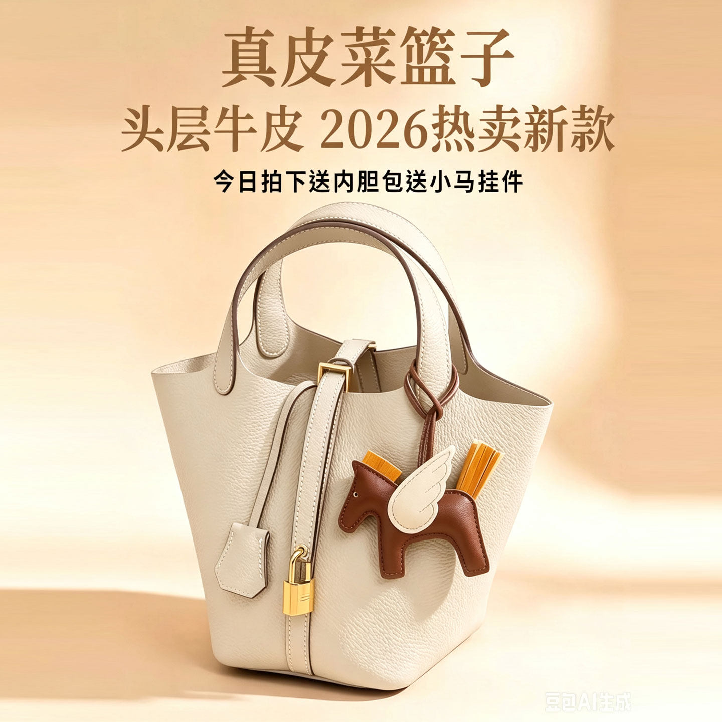 头层牛皮水桶包2026新款真皮菜篮子白色大容量手拎手提包通勤包女