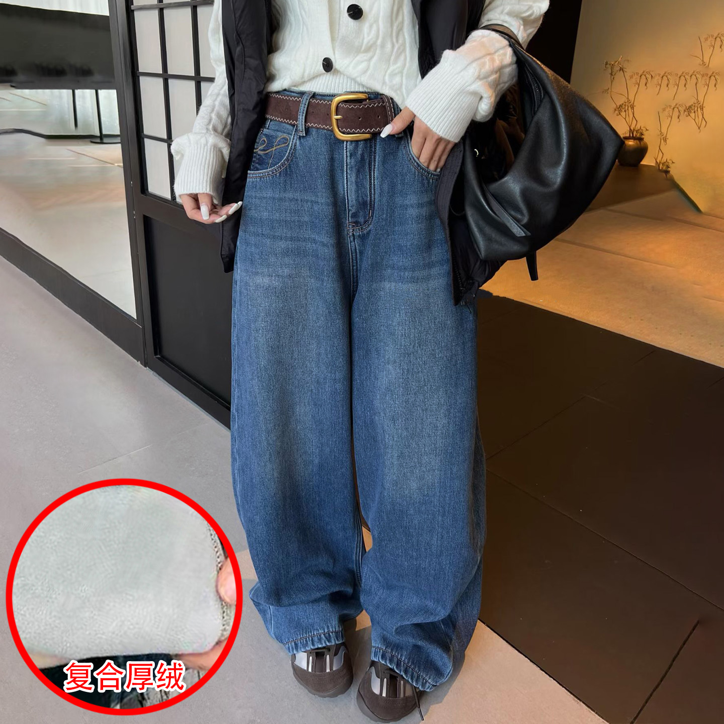 冬新款复合绒百搭女牛仔弯刀跨裤