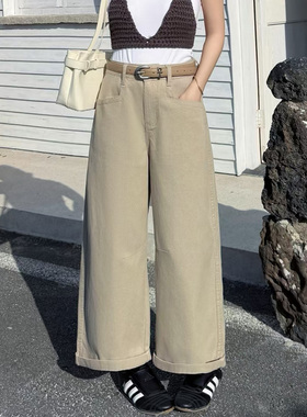 2026春新款JEANS阿凡牛A5530茶杏色宽松显瘦女牛仔直筒阔腿奶奶裤