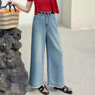 jeans阿凡牛A5035浅蓝毛边百搭九分女牛仔直筒阔腿裤 2025夏季 新款