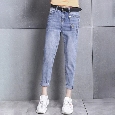 春季蓝色弹力显瘦九分女牛仔跨裤