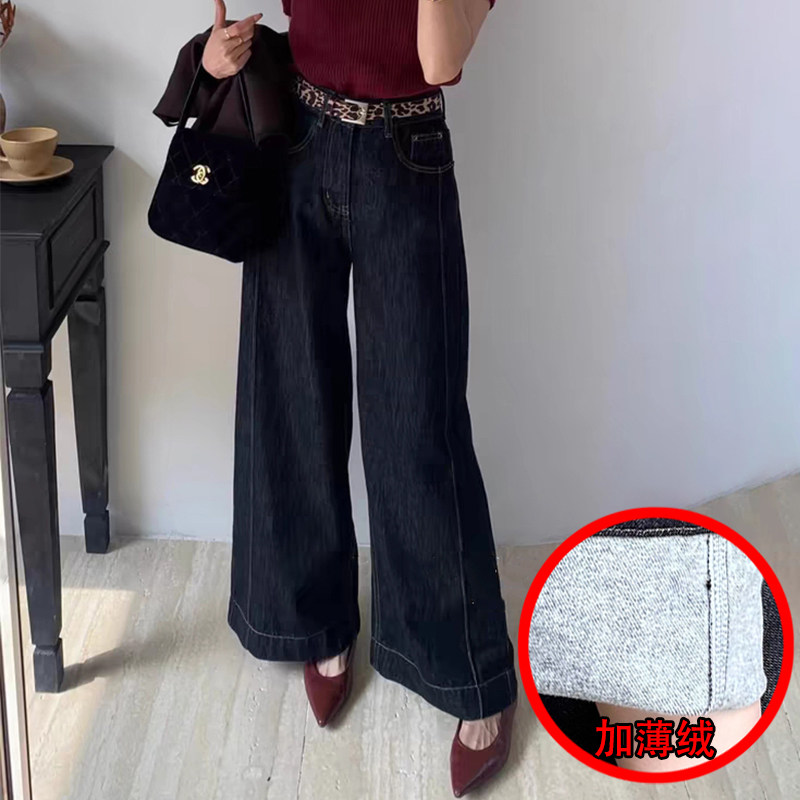 秋冬黑金色薄绒女牛仔直筒阔腿裤