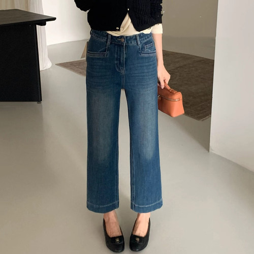 秋季四面弹九分女牛仔直筒阔腿裤