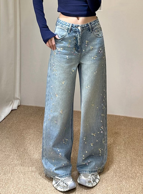 2026春新款Jeans阿凡牛A5569满天星烫钻宽松显瘦女牛仔直筒阔腿裤