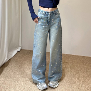 2026春新款Jeans阿凡牛A5569满天星烫钻宽松显瘦女牛仔直筒阔腿裤