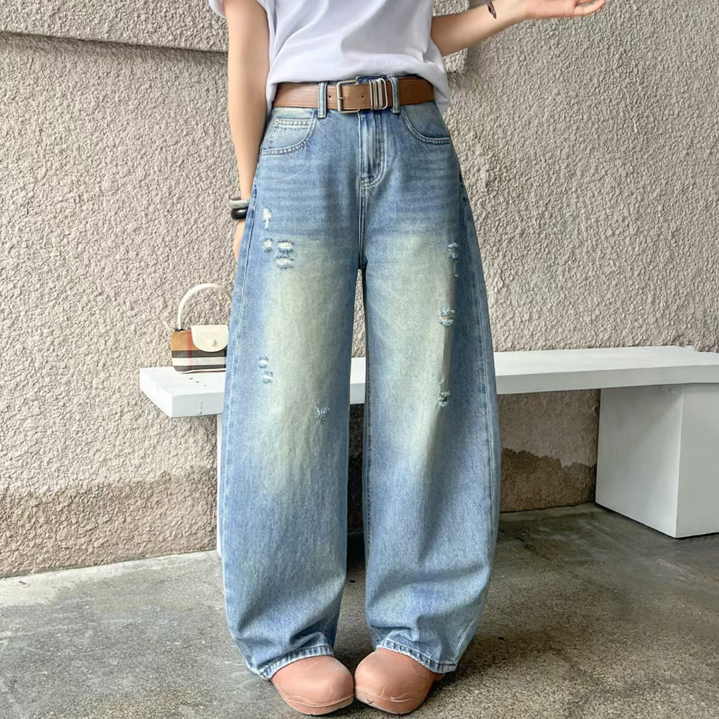 2026夏新款Jeans阿凡牛A5591宽松弹力显瘦磨破洞女牛仔阔腿弯刀裤