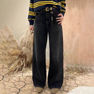 宽松显瘦女牛仔直筒阔腿裤 Jeans阿凡牛A5282黑色窄版 新款 2024秋季