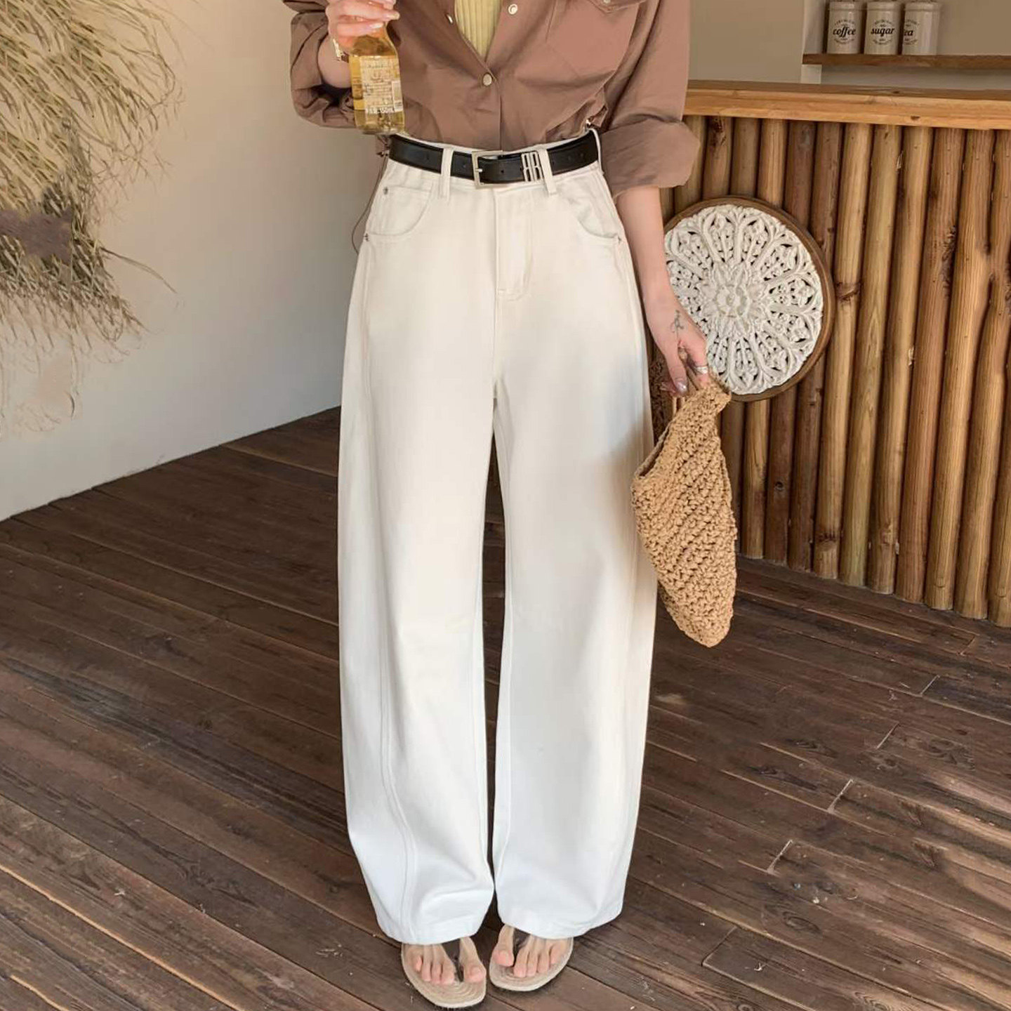 2026春季新款Jeans阿凡牛A5538米白宽松显瘦百搭女牛仔阔腿弯刀裤