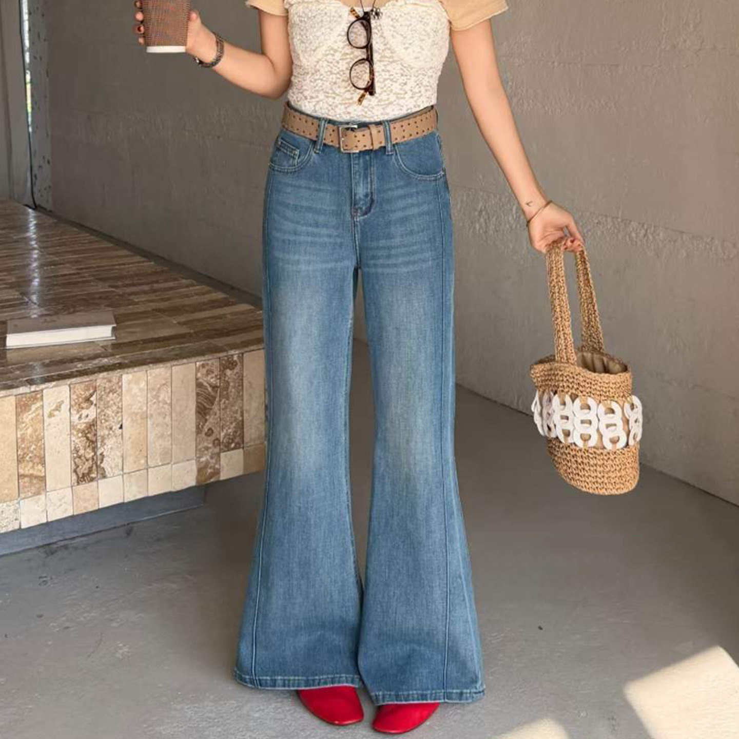 2026春季新款JEANS阿凡牛67788蓝四面弹修身显瘦女牛仔微筒喇叭裤