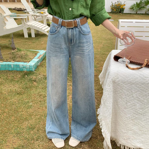 春浅蓝磨白窄版女牛仔直筒阔腿裤