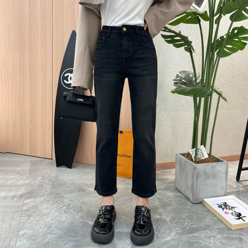 秋季黑色九分女牛仔小直筒烟管裤